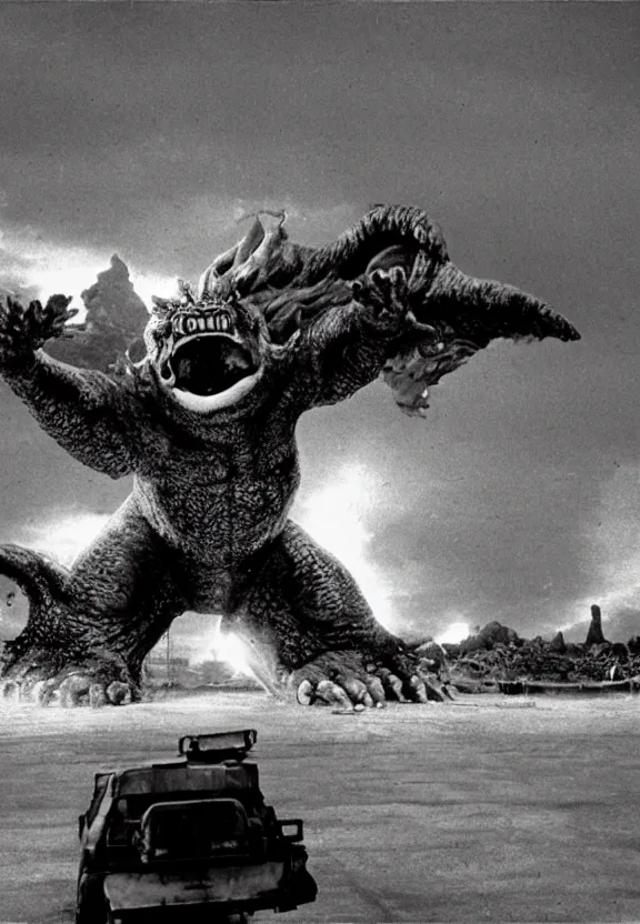 Image similar to Pulgasari the North Korean monster, volumetric lighting, filmstill, produced by Kim Jong-il, Kodachrome, kaiju-eiga, starfish monster movie, communist propaganda, film noir, 35mm film grain, Cooke Varotal 20-100mm T3.1, monochrome, in the style of Ishirō Honda and Akira Kurosawa