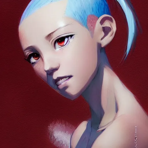 Image similar to portrait of anime pixie character with half shaved hair, manga cover, highly detailed, digital painting, artstation, concept art, sharp focus, illustration, strong brush stroke, anime, art by greg rutkowski, ilya kuvshinov, sharp focus, ghibli studio, art by ilya kuvshinov, rossdraws