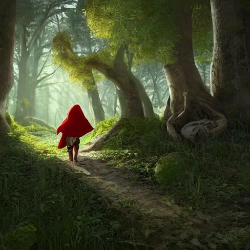 Image similar to portrait of a cute and beautiful, smirking heavily armed little red riding hood, getting attacked by a werewolf from behind in a lush green forest, sharp focus, unreal engine 5, digital illustration, volumetric light, highly detailed, intricate, by michael whelan, james gurney, 8 k