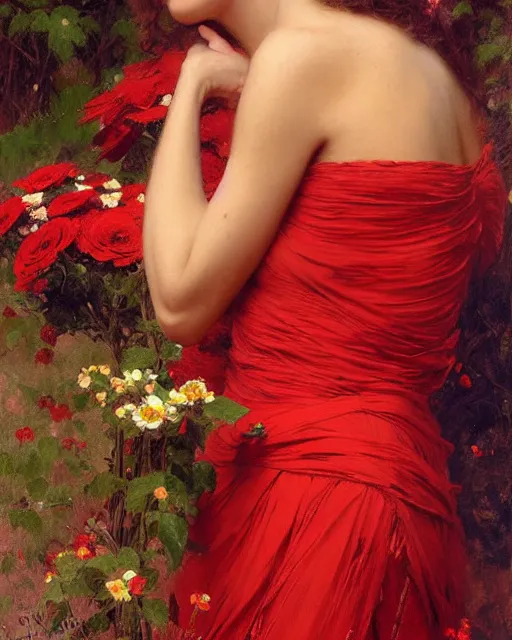 Image similar to an attractive girl wearing a red dress and surrounded by flowers. highly detailed painting by gaston bussiere, craig mullins, j. c. leyendecker 8 k