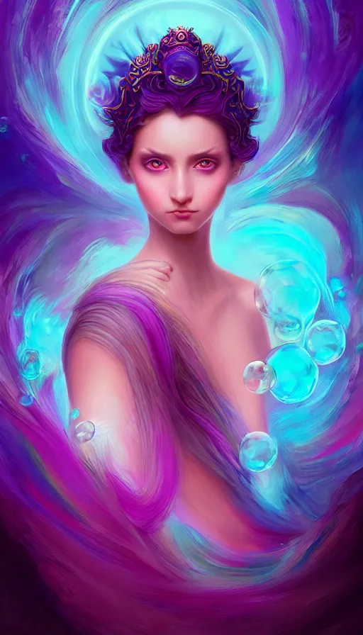 Image similar to portrait of magical daemon, dark fantasy, gradient magenta cyan, dreamy and ethereal, (colour) eyes, one head, golden ratio, peaceful expression, ornate frilly dress, fantasy, intricate, elegant, rainbow bubbles, highly detailed, digital painting, artstation, concept art, smooth,b sharp focus, illustration, art by artgerm and greg rutkowski and alphonse mucha