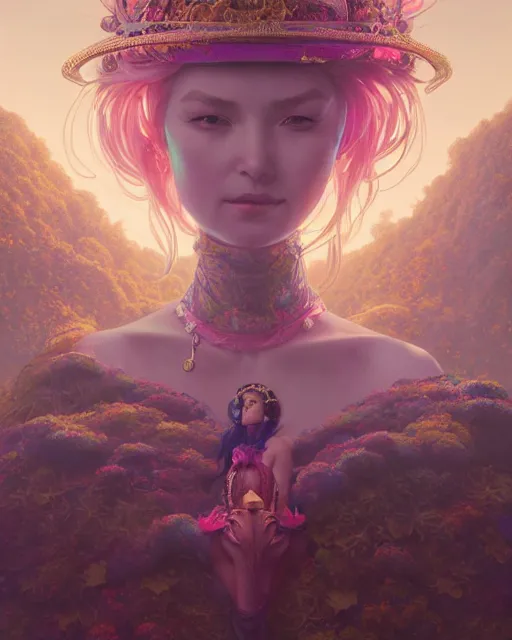 Image similar to highly detailed surreal vfx portrait of a female candypunk mage in a majestic castle by golden tree, stephen bliss, unreal engine, greg rutkowski, loish, rhads, beeple, makoto shinkai and lois van baarle, ilya kuvshinov, rossdraws, tom bagshaw, alphonse mucha, global illumination, detailed and intricate environment