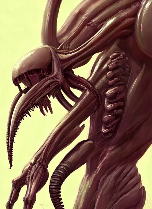 Prompt: a digital painting of a symmetric xenomorph, by netter, muscular, deadly, style from greg rutkowski, beautiful eyes, long hair, full frame, oil painting, featured on artstation, concept art, smooth, sharp focus, illustration, very detailed, ambient lighting, unreal engine render, concept art by Atey Ghailan, by Loish, by Bryan Lee O'Malley