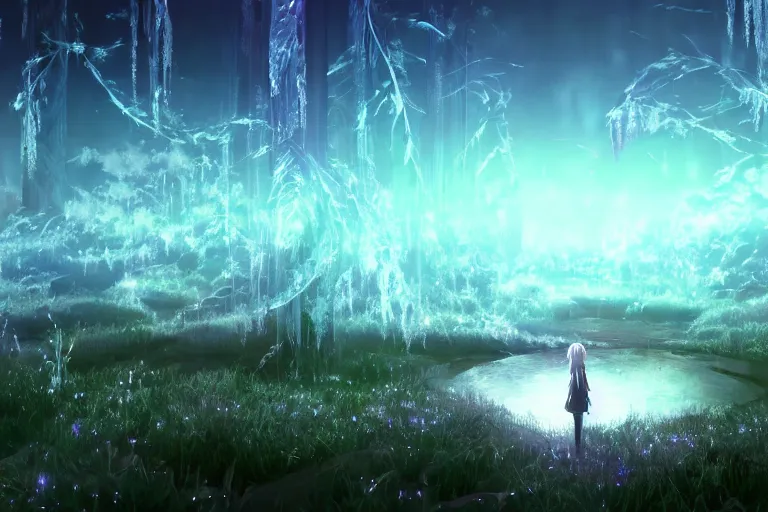 Image similar to scenery artwork, scene beautiful, light essence bioluminescent acrylic and cold nier automata pixiv scenery artwork : nature dream wire vegetation magic density infinite, hypersigil astrology macro seminal dream points of frozen imaginative vaporwave juice fluid dream scenery, high quality astral projection renders, nier automata, concept art