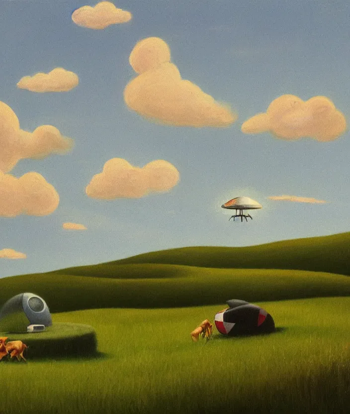 Prompt: a highly detailed painting of a stylized cartoon ufo over a meadow, there are cows on the meadow, one cow is being beamed up by an ufo, ufo has green light beam, very fine brush strokes, baby blue sky with aesthetic clouds, in the style of edward hopper, 4 k,