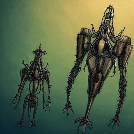 Prompt: concept art sketch of a cyberpunk insectoid underwater alien and its minions