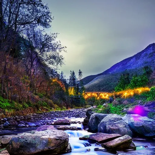 Image similar to a beautiful landscape, river, rocks, trees, iridescent lights