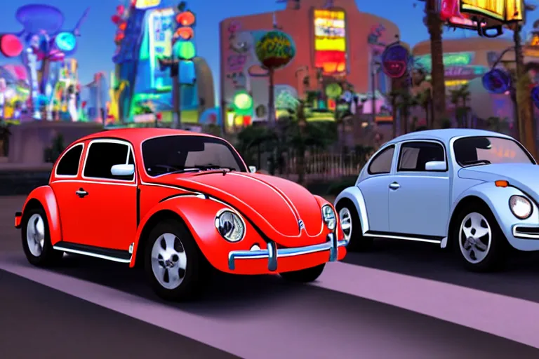 Image similar to a wholesome animation key shot of!! one!! focused!! vw beetle superbug!! in shiny reflective stainless steel, in a las vegas street, medium shot, studio ghibli, ( pixar ) and disney animation, sharp, very detailed, high resolution, rendered in unreal engine 5, anime key art by greg rutkowski, bloom, dramatic lighting