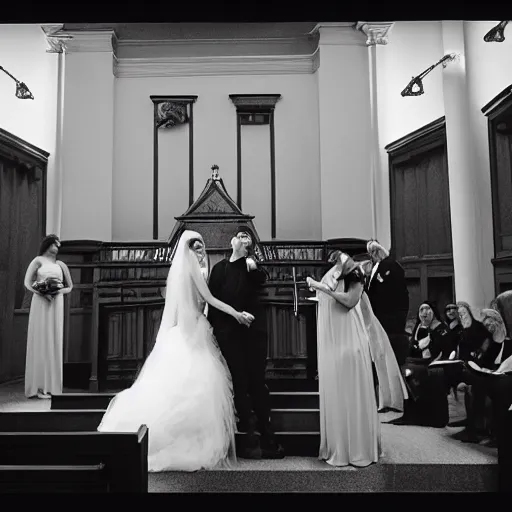 Image similar to cadmus and harmony get married with a small intimate audience at marylebone town hall and david bailey takes the photos, black and white, ilford ilfocolour 400, tlr rolleiflex T, octane render, 4k, realistic