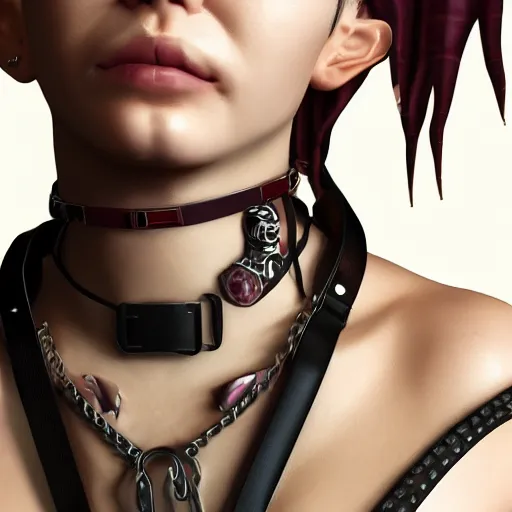 Image similar to detailed realistic female character cyberpunk wearing leather belt collar around neck, realistic, art, beautiful, 4K, collar, choker, collar around neck, punk, artstation, detailed, female, woman, choker, cyberpunk, punk, collar, choker, collar around neck,