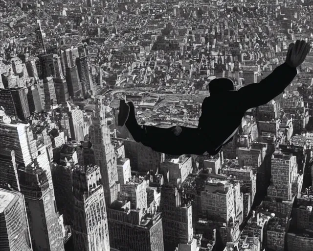 Prompt: a homeless man fly's in the sky like an angel over the city. realistic image. new york city candid photo. hyperrealistic terrorist attack.