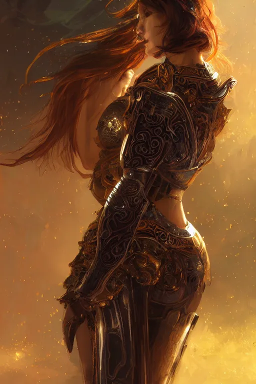 Image similar to portrait knights of Zodiac girl, metallic black and reddish reflected armor, in ruined Agora of Athens, ssci-fi, fantasy, intricate, very very beautiful, elegant, golden light, highly detailed, digital painting, artstation, concept art, smooth, sharp focus, illustration, art by WLOP and tian zi and alphonse mucha