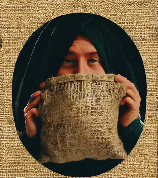 Prompt: person wearing burlap bag over head, vintage technicolor film photo, grainy, high detail, high resolution