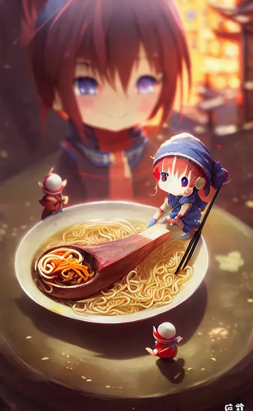 Image similar to kawaii anime gnomes asian noodles japanese ramen, wide angle shot by greg rutkowski