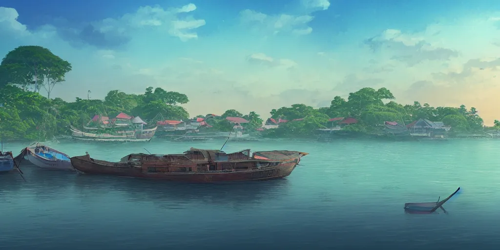 Image similar to pulau indah town, boat in foreground, early morning, detailed matte painting, low angle view, telephoto lens, bokeh, studio ghibli, artstation