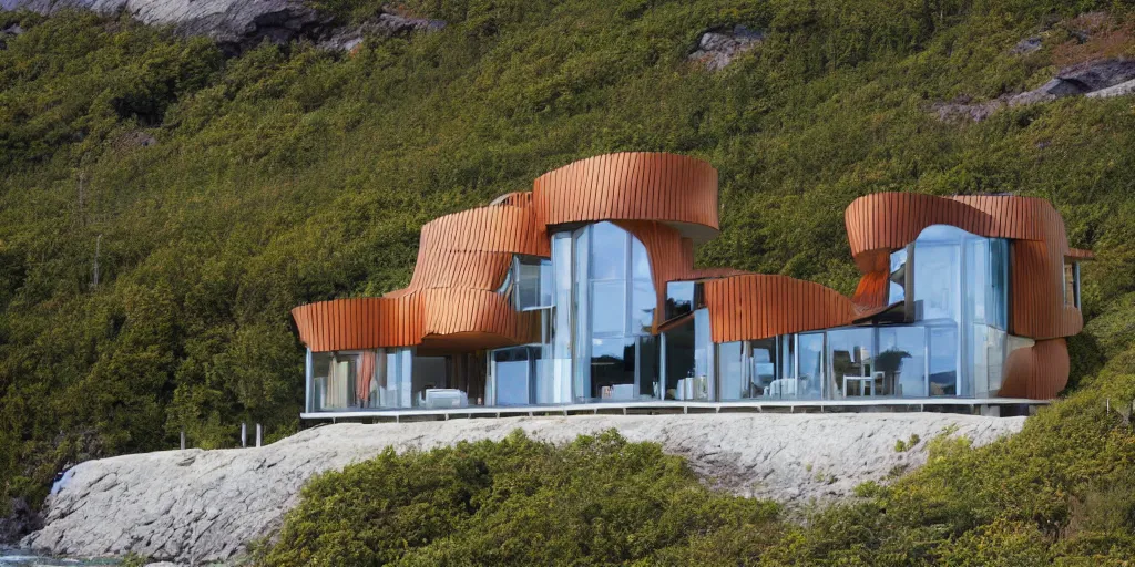 Prompt: modern norwegian fjord beach house designed by frank gehry, contemporary architecture, photography