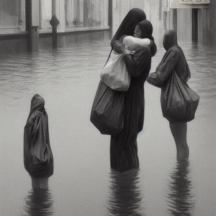 Image similar to two women hugging with a paper bag over the head dressed in plastic bags on flooded streets, highly detailed, artstation, art by, , edward hopper, Zdzislaw Beksinski, highly detailed