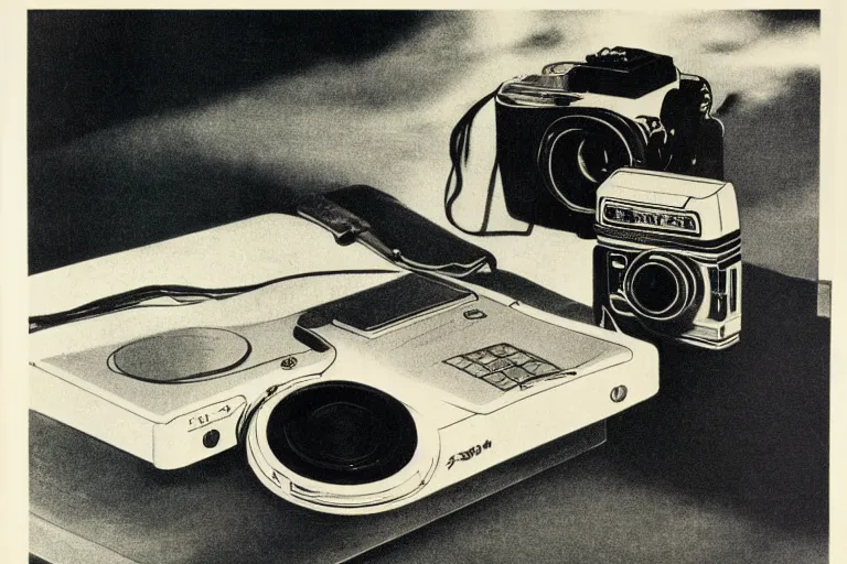 Image similar to camera advertisment, still life, 1 9 7 0 s japan shouwa advertisement, print, nostalgic