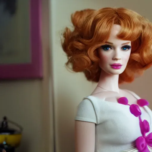 Image similar to amazing beautiful Christina Hendricks barbie doll in the living room, film still from the movie directed by Denis Villeneuve , wide lens