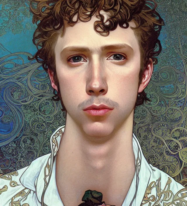 Image similar to detailed closeup portrait of napoleon dynamite by alphonse mucha, ayami kojima, yoshitaka amano