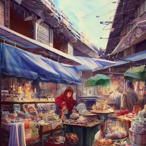 Prompt: flea market in istanbul in the future, by miho hirano, ross tran and ilya kuvshinov, realistic, detailed, beautiful fantasy detailed trending on artstation, oil painting, dramatic lighting, eterea, high quality print, fine art with subtle redshift rendering