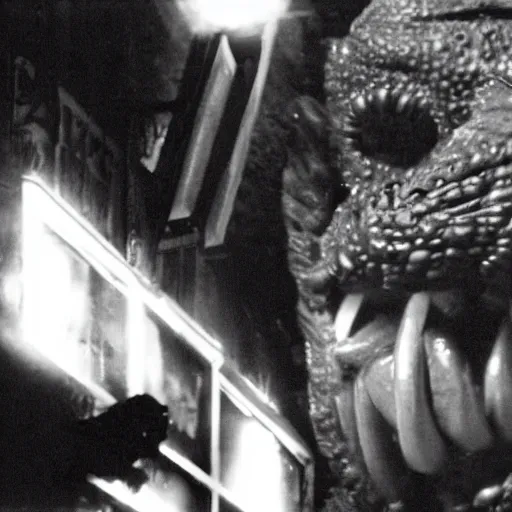 Image similar to noir movie scene, closeup shot, godzilla in a crowded bar kissing a laughing clown