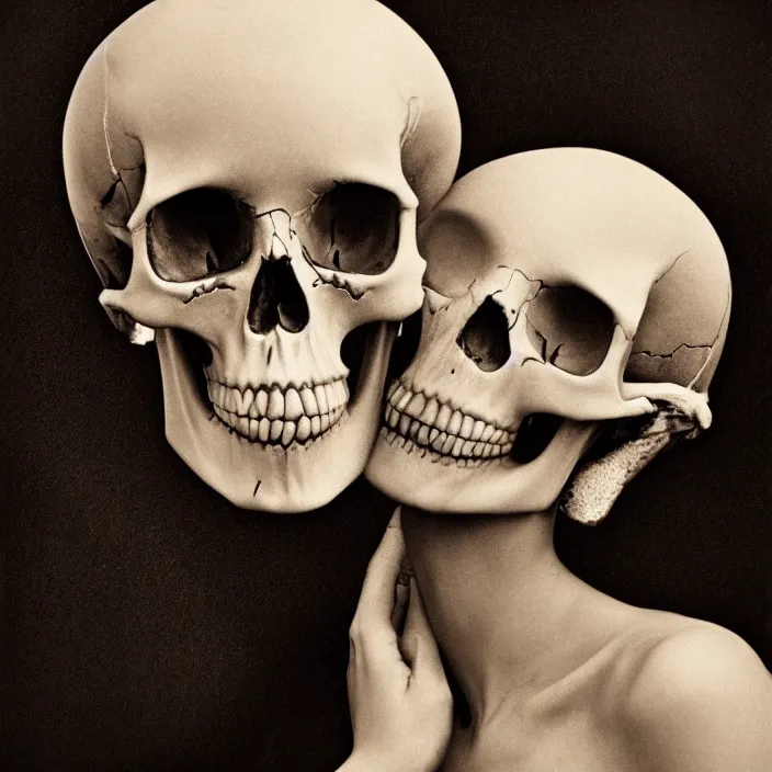 Prompt: hq studio portrait of a kissing skull