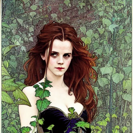 Prompt: a beautiful painting of emma watson and christina hendricks dressed as a poison ivy, dark eyeliner, intricate, elegant, highly detailed, digital painting, artstation, concept art, matte, sharp focus, illustration, art by rebecca guay and by arthur rackham and by alphonse mucha and by john william waterhouse