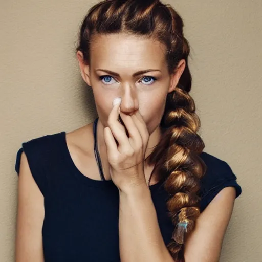 Image similar to a woman with an oval shaped face, angular jaw, beautiful blue eyes, small mouth, strong brown eyebrows, long eyelashes, light brown hair with blond streaks at the front, angular nose, hair tied in a bun