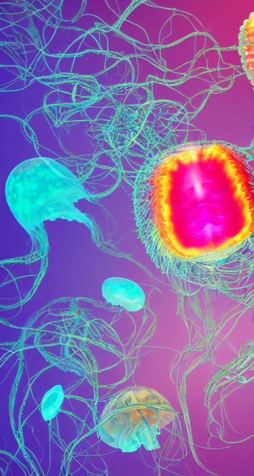 Prompt: a jellyfish made out of a human brain, the brain is multicolored and vibrant, each fold of the brain is a different color, psychedelic, surreal, hyper-detailed realistic 8k octane render, unreal engine, juicy colors