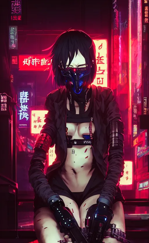 Image similar to cyberpunk anime girl sit in a night bar, cyberpunk oni mask, 3 / 4 shot, street night, beautiful face, grafity, arcane, action, detail, good face, pose model, concept art, in style of yoji shinkawa, pan ren wei, col price, atey ghailan, by greg rutkowski, aesthetic, digital painting