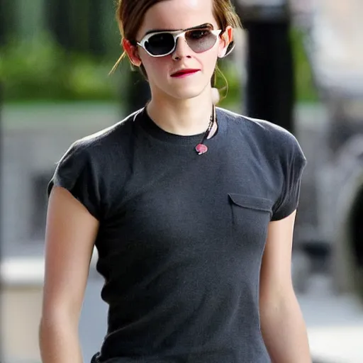 Image similar to Emma Watson with an eyepatch and a mustache