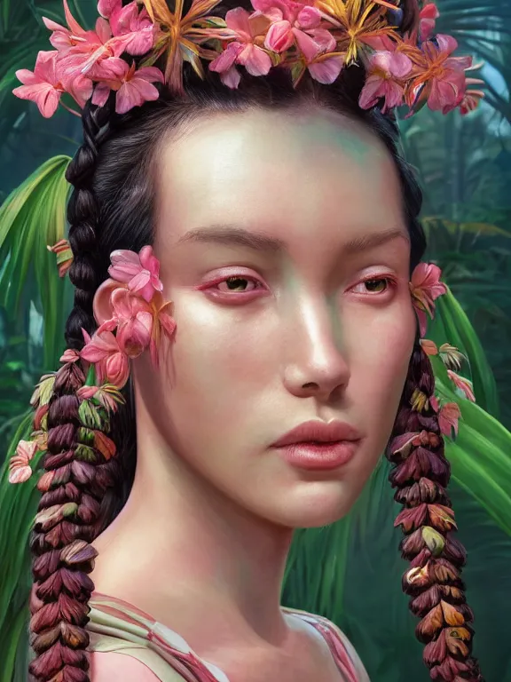 Image similar to beautiful portrait of a Subtropics minority female wearing fantastic costume, pigtail,subtropical plants,subtropical plants flowers,intricate, elegant, highly detailed, dim volumetric lighting, 8k,octane,post-processing,digital painting, trending on artstation, concept art, smooth, sharp focus, illustration,by Tom Bagshaw and Daniel Gerhartz and Albert Aublet and Lawrence Alma-Tadema and alphonse mucha