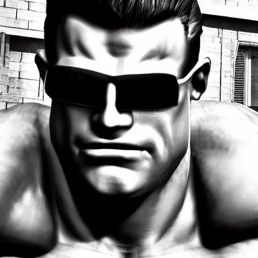 Prompt: duke nukem face shot, black and white, gigachad