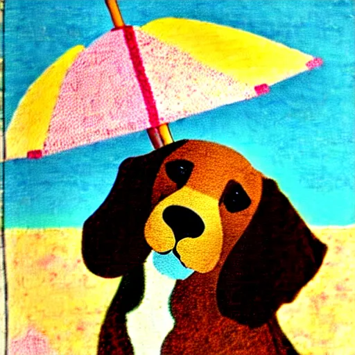 Prompt: cute brown spaniel by the seaside, parasols, bright towels, geometric, pop, sketch, artwork