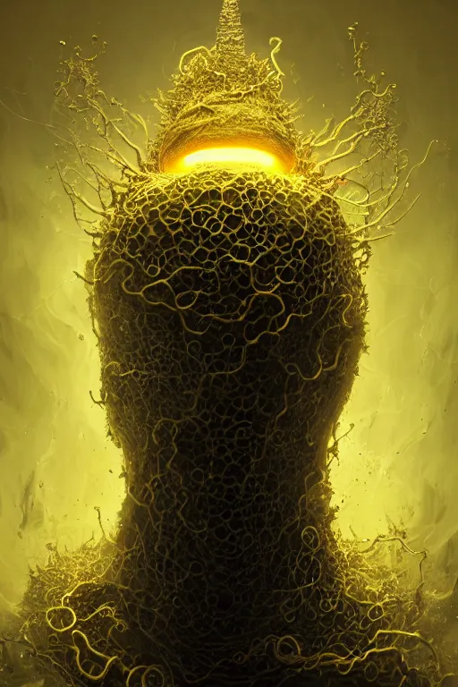 Image similar to A full body portrait of a mysterious character with no face with a very long hooded yellow cloak, a golden crown floating above his head tentacles coming out the ground art by Maciej Kuciara, Lee Griggs and Jason Chan, ominous, cosmic horror, trending on artstation, Ultra detailed, hyper realistic 4k