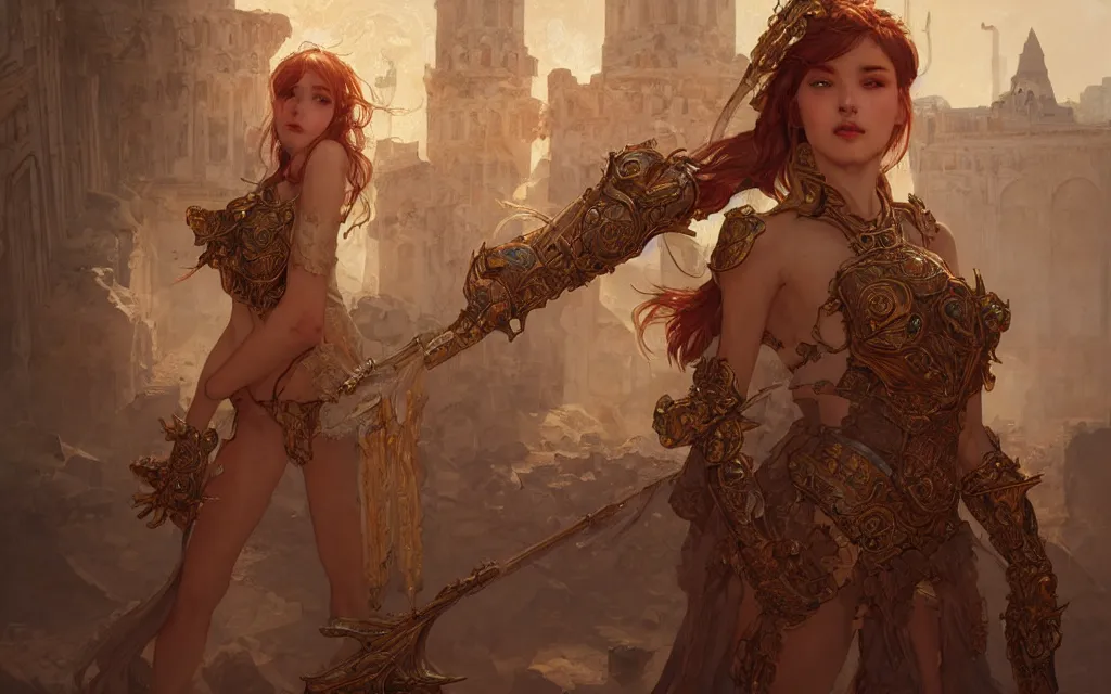 Image similar to portrait knights of zodiac girl, rose golden color armor, in ruined agora of athens, ssci - fi and fantasy, intricate and very very beautiful and elegant, highly detailed, digital painting, artstation, concept art, frostbite engine, smooth and sharp focus, illustration, art by tian zi and wlop and alphonse mucha