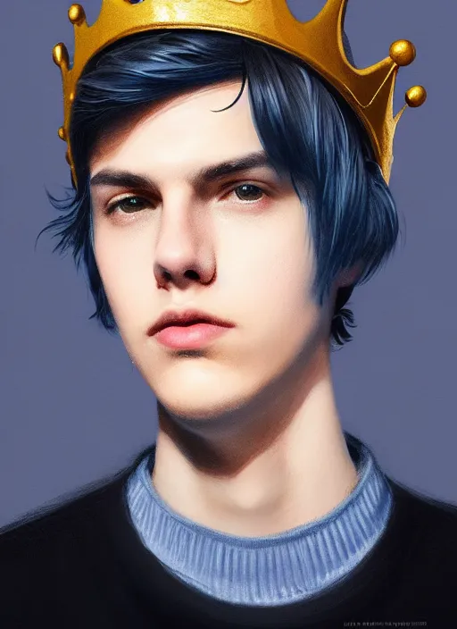 Image similar to portrait of teenage jughead jones wearing a light grey crown, crown, blue turtleneck, closed eyes, photorealistic, black hair, glowing lighting, intricate, elegant, glowing lights, highly detailed, digital painting, artstation, concept art, smooth, sharp focus, illustration, art by wlop, mars ravelo and greg rutkowski