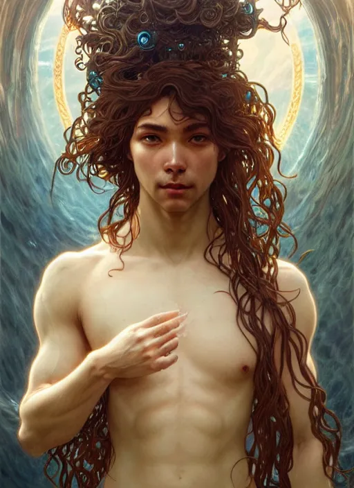 Prompt: a god of water, with hands and hair turning into water, fantasy, intricate, elegant, highly detailed, digital painting, artstation, concept art, wallpaper, smooth, sharp focus, illustration, art by artgerm and greg rutkowski and alphonse mucha