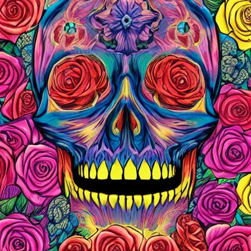 Image similar to large skull surrounded by vivid colorful roses, Jen Bartel, Dan Mumford, Satoshi Kon, gouache illustration