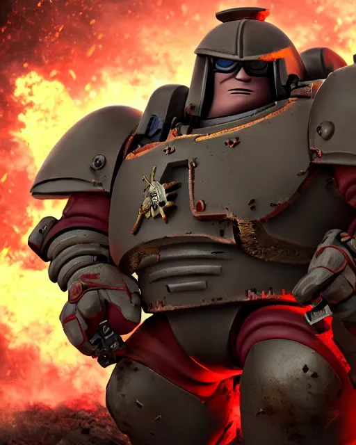 Prompt: peter griffin wearing warhammer space marine armor dynamic pose menacing cinematic shot atmospheric greebled high detail 4 k