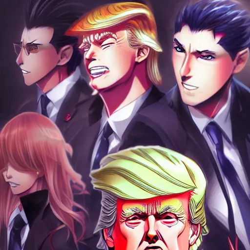 Prompt: anime portrait of trump x elon hybrid as an anime antagonist by Stanley Artgerm Lau, WLOP, Rossdraws, James Jean, Andrei Riabovitchev, Marc Simonetti, and Sakimichan, trending on artstation