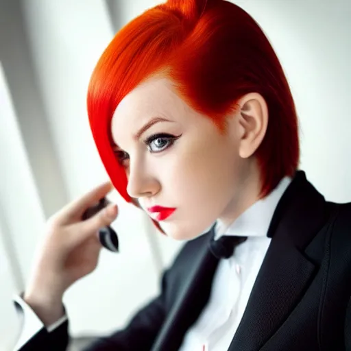 Image similar to photo of a woman with red hair wearing a formal slightly open formal business suit, trending on instagram, full body, ultra - hd, hcl, 1 2 - bit, ar, volumetric lighting, opaque, optics, lumen reflections, vfx, insanely detailed and intricate, super detailed