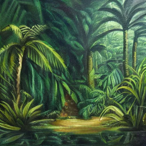 Image similar to an oil painting of a treasure lost in a lush rainforest