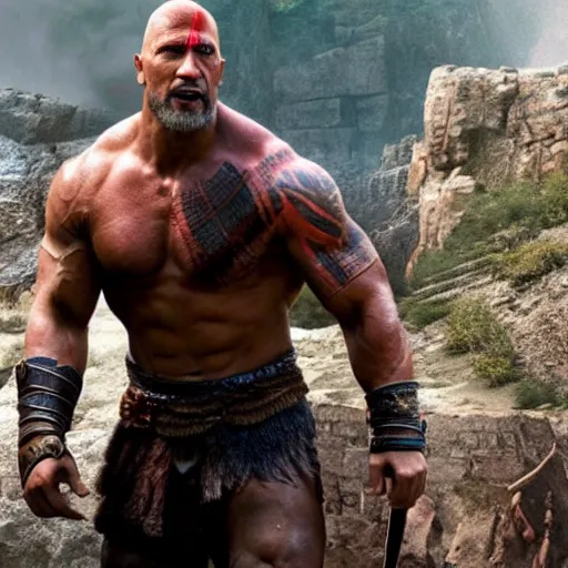 Image similar to dwayne johnson as kratos 4 k detailed