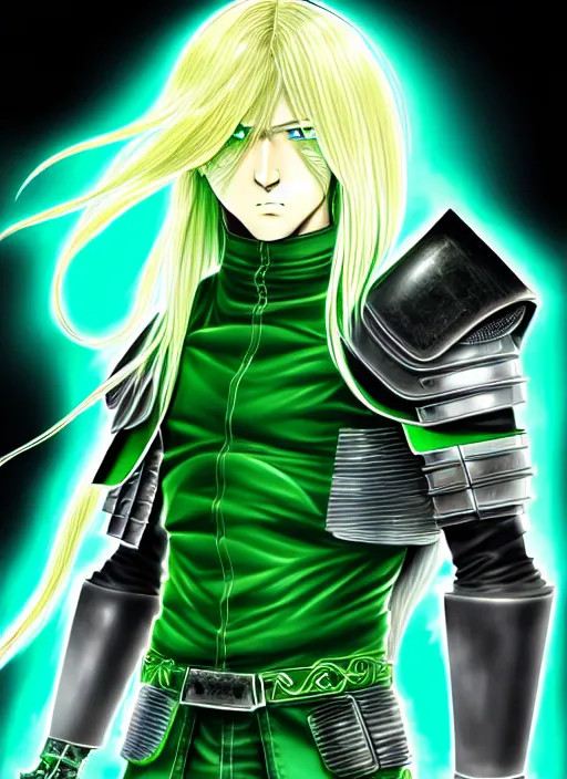 Prompt: a detailed manga full body portrait illustration of a man with long blonde hair and blue eyes wearing cyberpunk jade green battle gear by hirohiko araki, detailed artwork, realism, 4 k resolution, detailed, high quality, sharp focus, hq artwork, insane detail, volumetric lighting, character concept art, fine details, clear subject, central subject