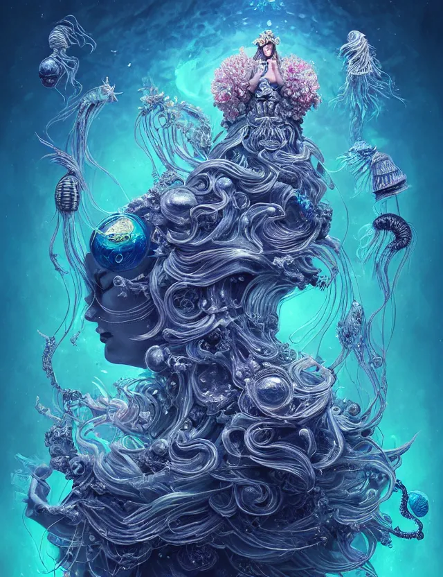 Prompt: goddess macro shouler portrait from bottom to top in crown made of ram skull. betta fish, jellyfish phoenix, bioluminiscent, plasma, ice, water, wind, creature, super intricate ornaments artwork by tooth wu and wlop and alena aenami and greg rutkowski