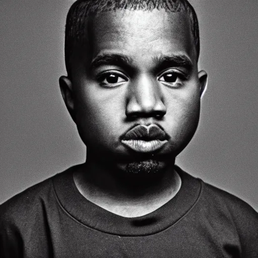 Image similar to the face of young kanye west wearing yeezy clothing at 1 1 years old, black and white portrait by julia cameron, chiaroscuro lighting, shallow depth of field, 8 0 mm, f 1. 8