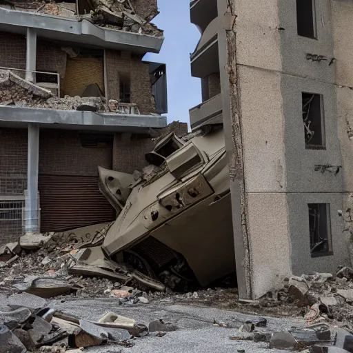 Prompt: a tank crashing through the walls of an apartment building, 4 k, high detail, high - resolution photograph, professional photography, ultra - detail