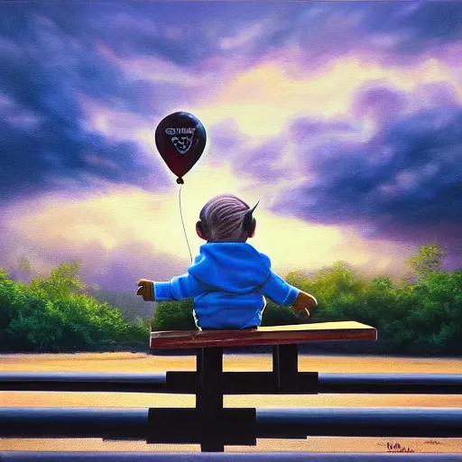 Prompt: eye - level view, shot from 5 0 feet distance, baby yoda plays on a seesaw at the city park. a balloon vender in the background. dramatic clouds, setting sun. golden hour, oil on canvas painting, detailed, depth, volume, chiaroscuro, quiet intensity, serene.